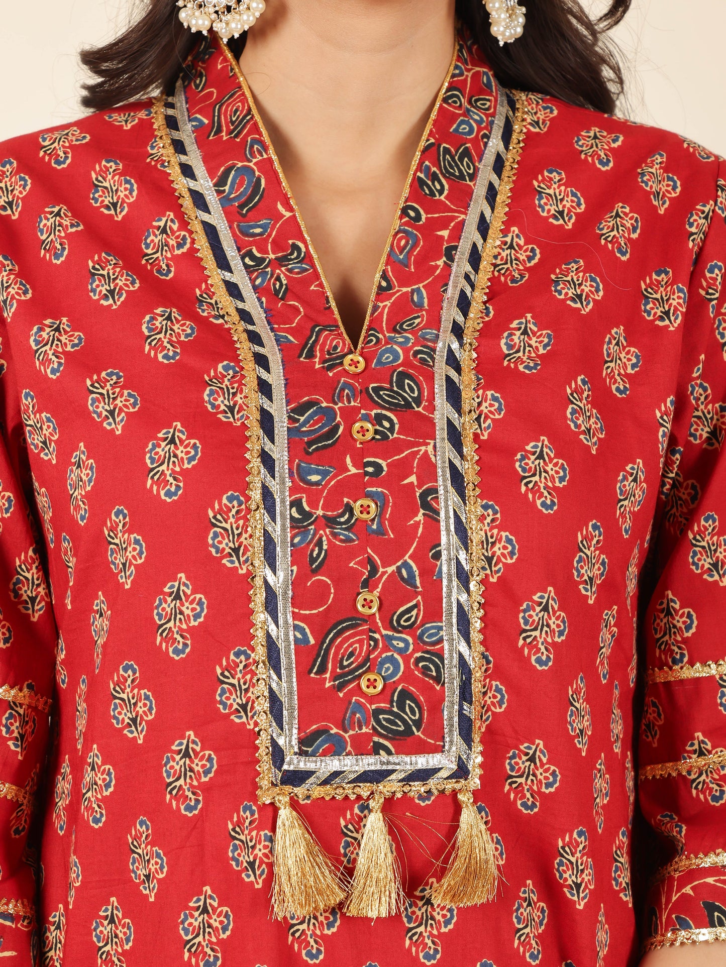 Soft Cotton Floral Straight Red Kurta