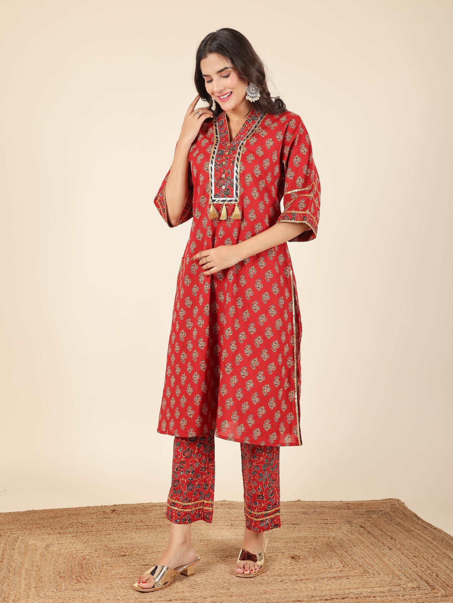Soft Cotton Floral Straight Red Kurta