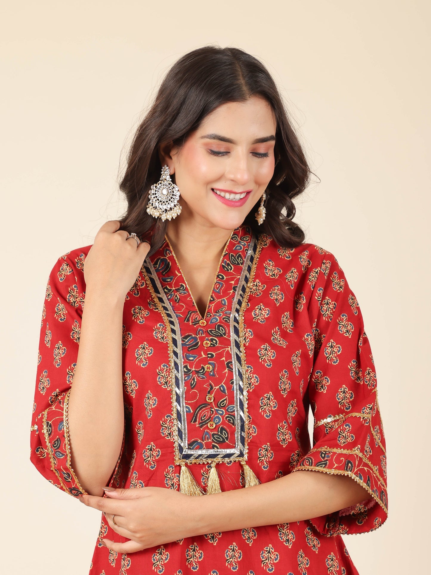 Soft Cotton Floral Straight Red Kurta