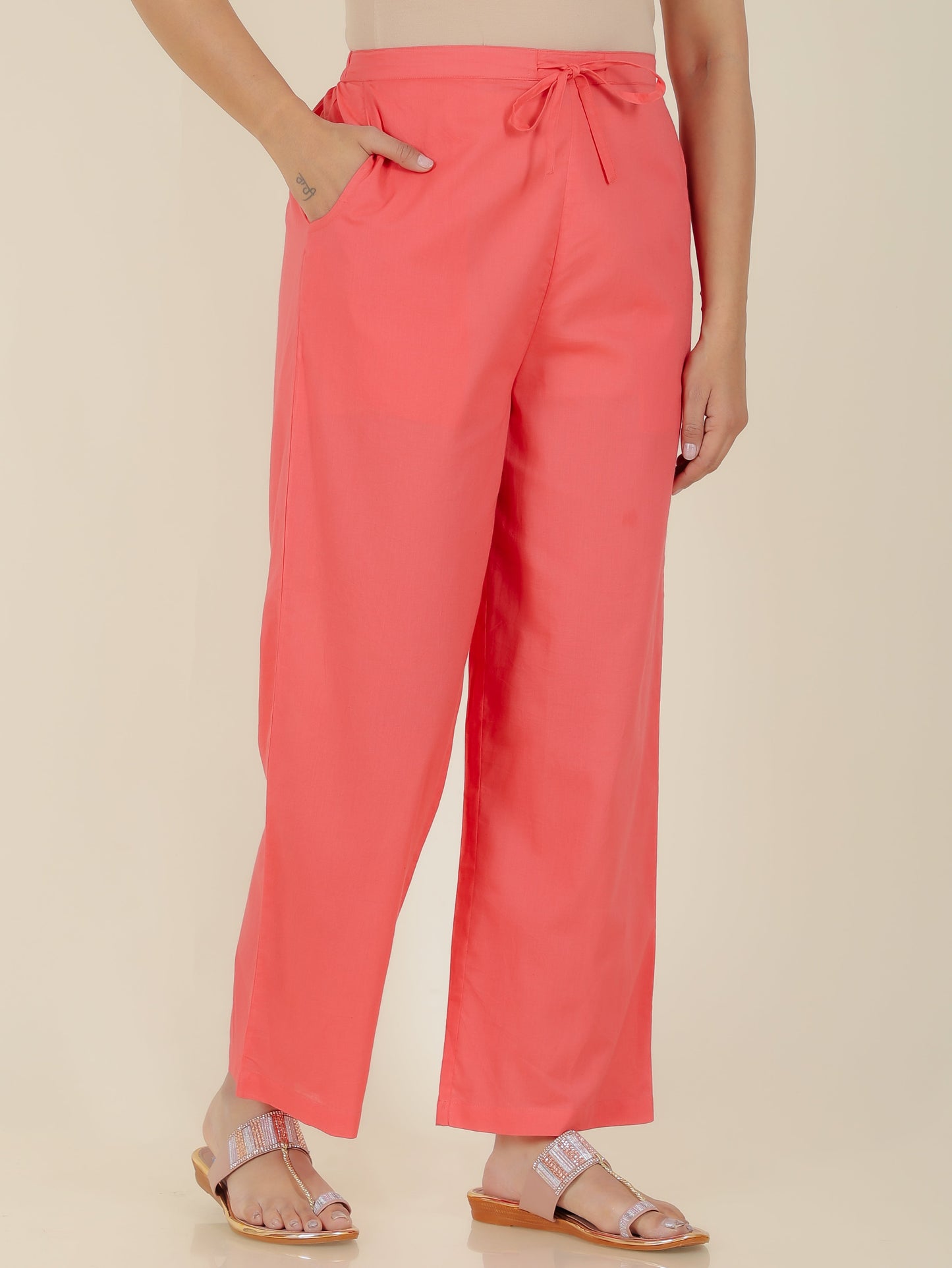 Soft Cotton Solid Pink Straight Trousers
