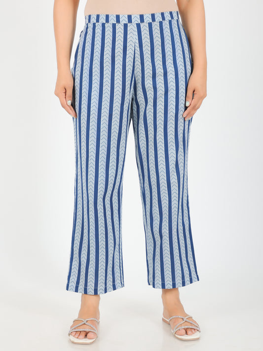 Soft Cotton Striped Blue Straight Trousers