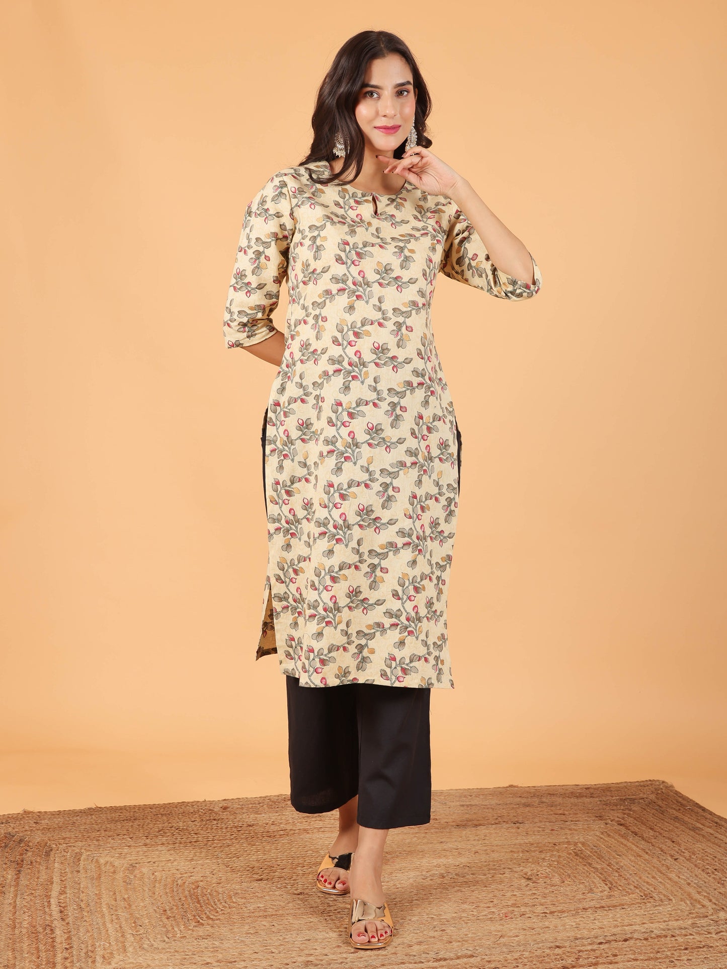 Linen Cotton Floral Straight Cream Kurta