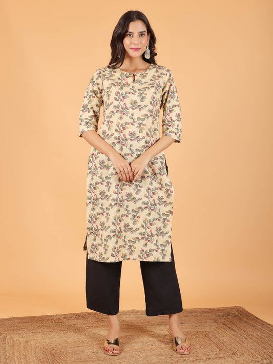 Linen Cotton Floral Straight Cream Kurta