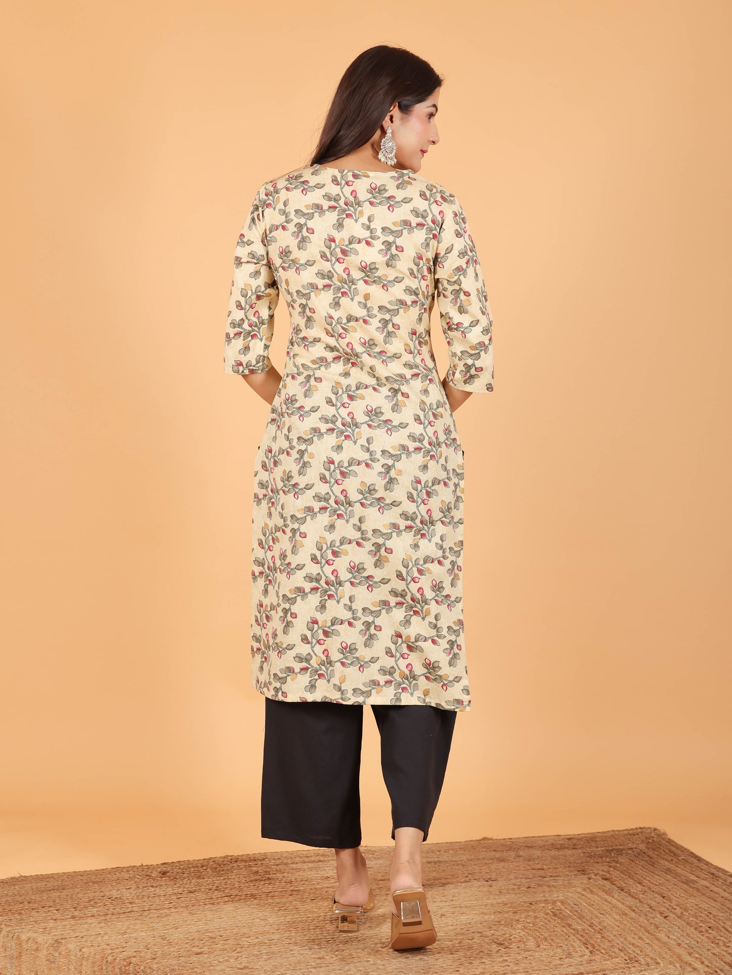 Linen Cotton Floral Straight Cream Kurta