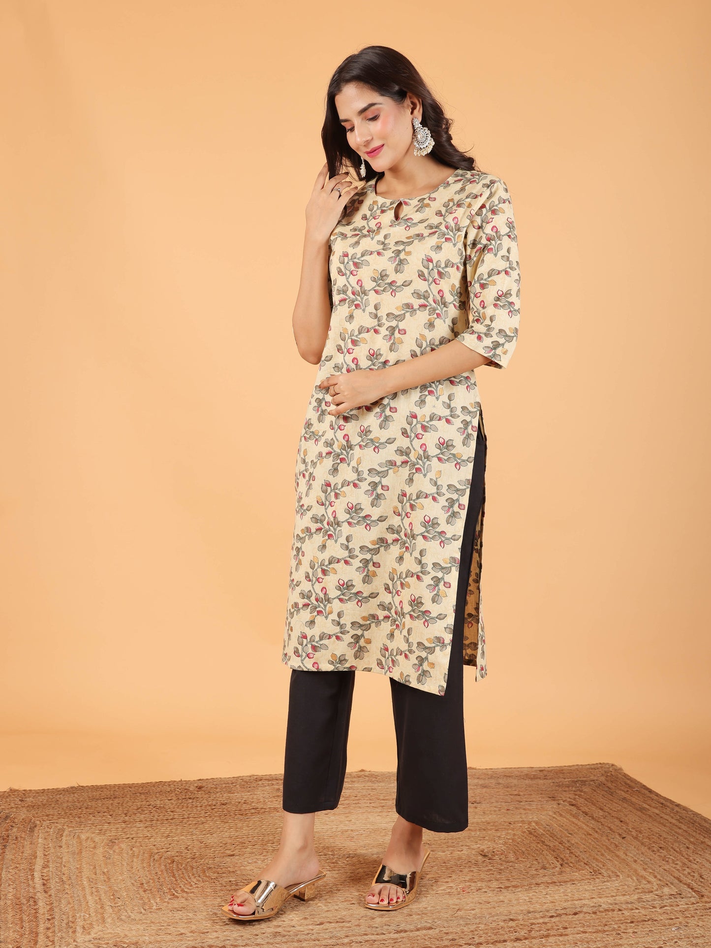 Linen Cotton Floral Straight Cream Kurta