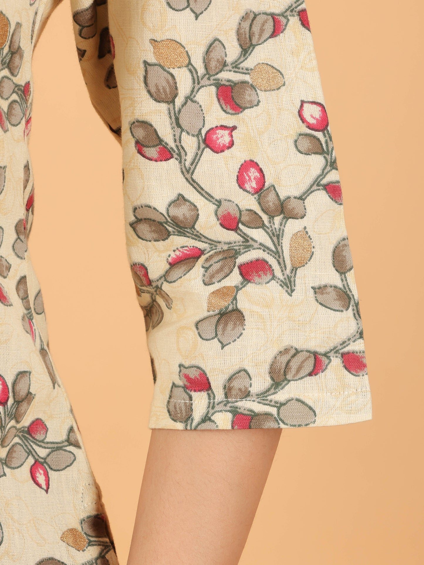Linen Cotton Floral Straight Cream Kurta
