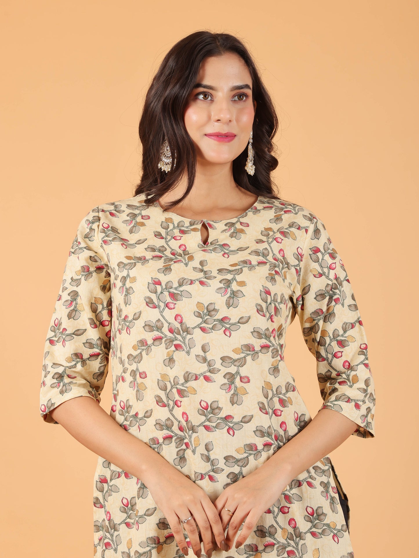 Linen Cotton Floral Straight Cream Kurta