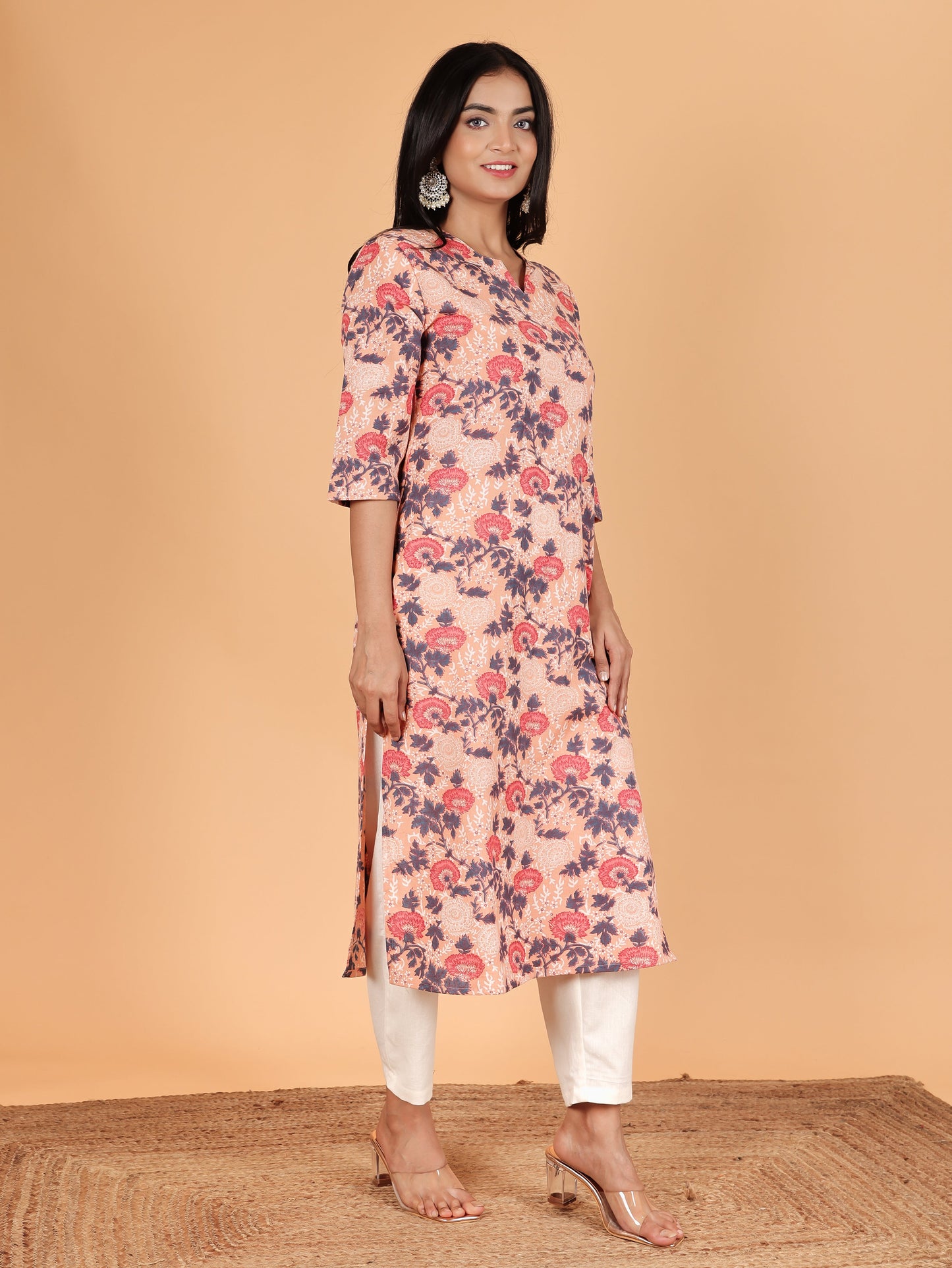 Linen Cotton Floral Straight Orange Kurta