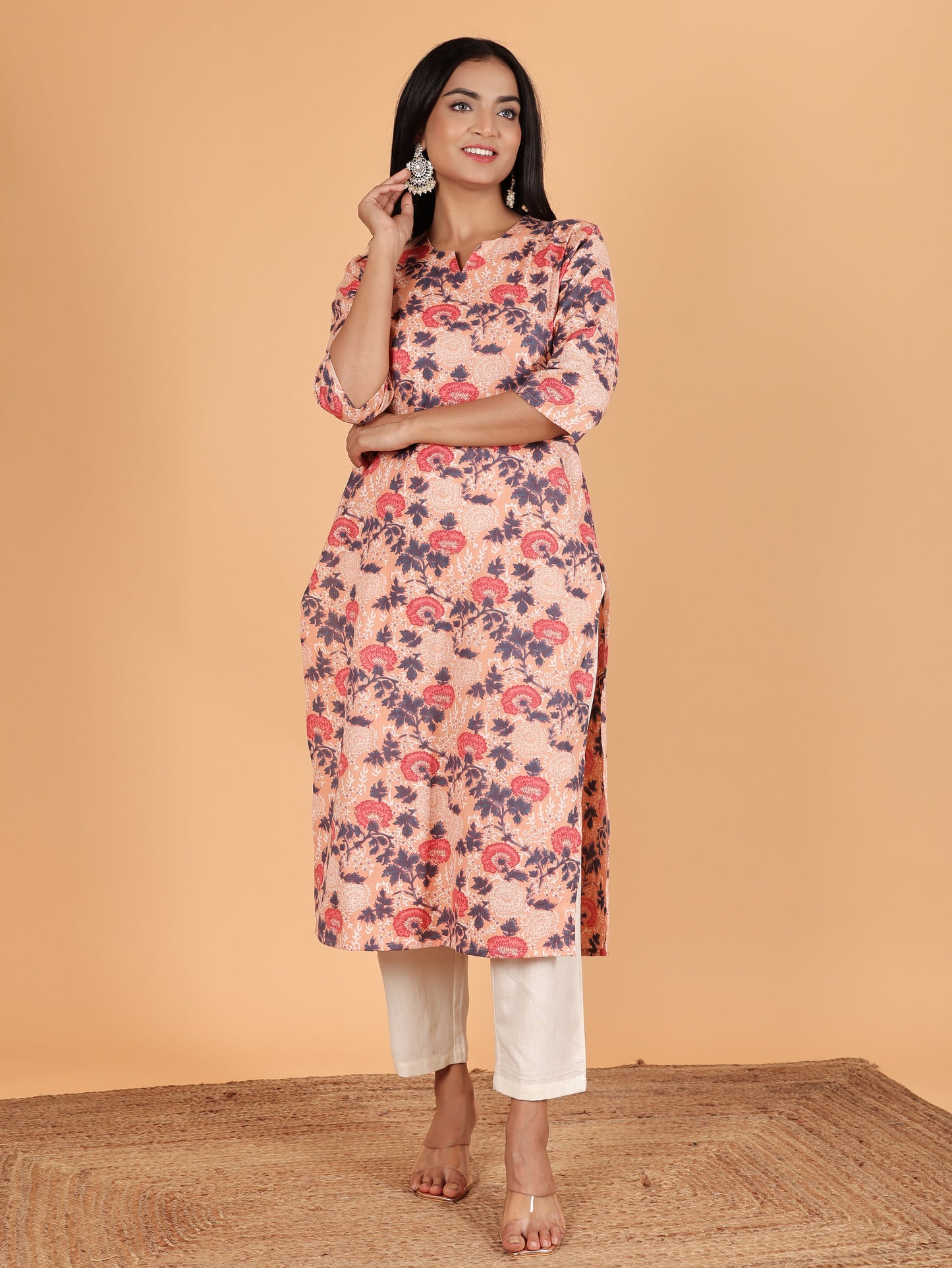 Linen Cotton Floral Straight Orange Kurta