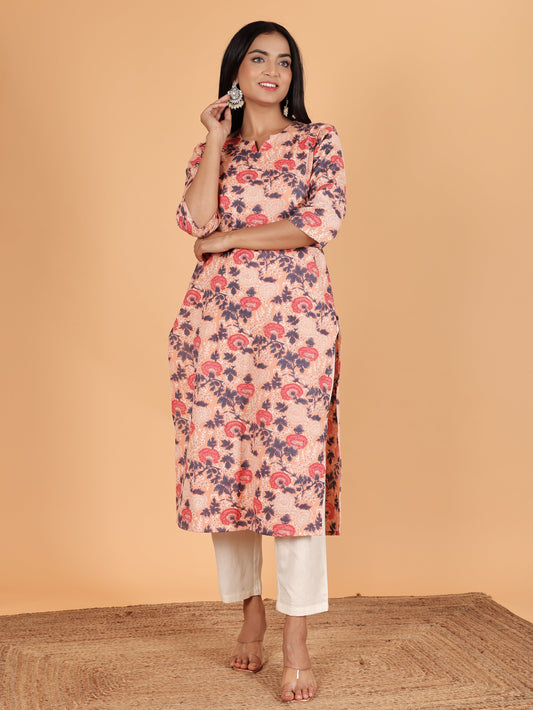 Linen Cotton Floral Straight Orange Kurta