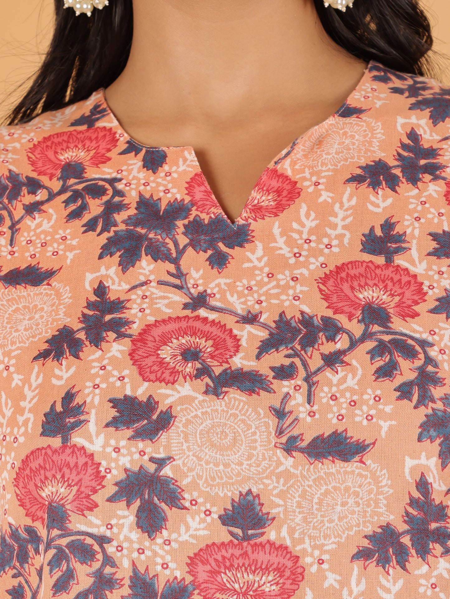 Linen Cotton Floral Straight Orange Kurta