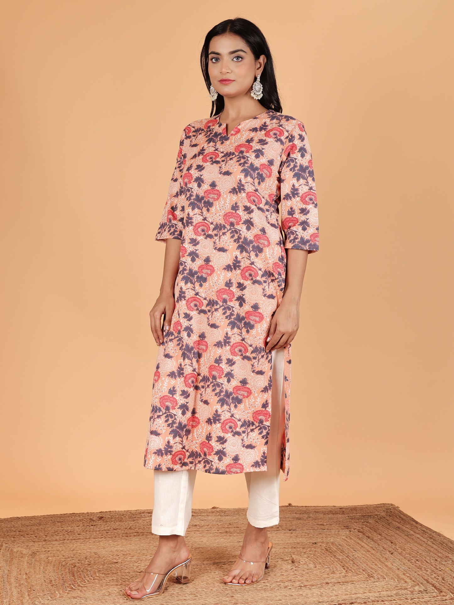 Linen Cotton Floral Straight Orange Kurta