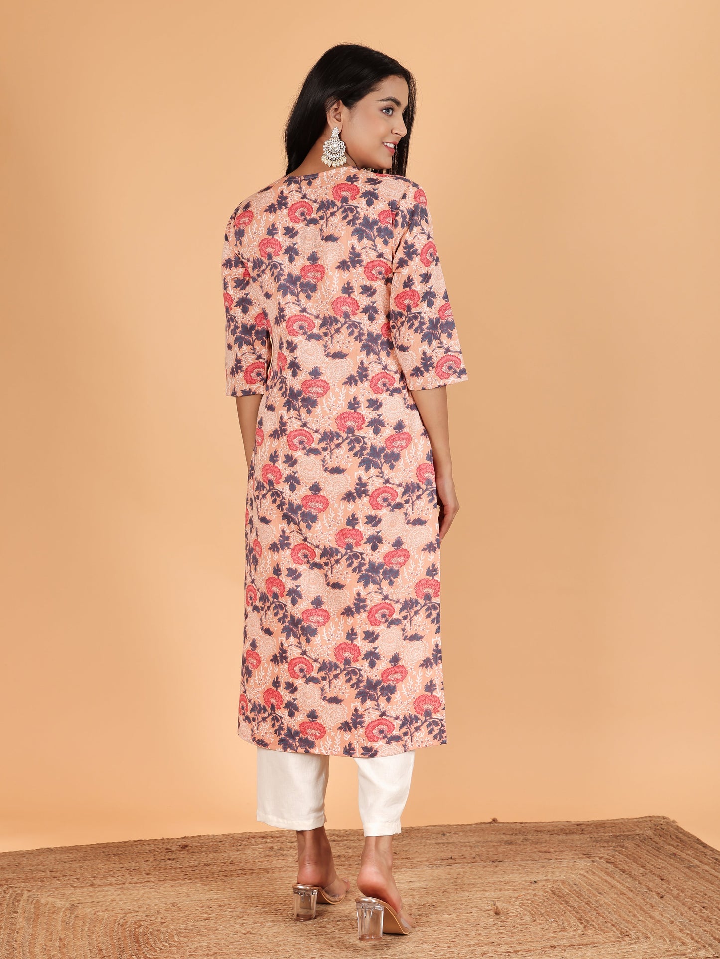 Linen Cotton Floral Straight Orange Kurta