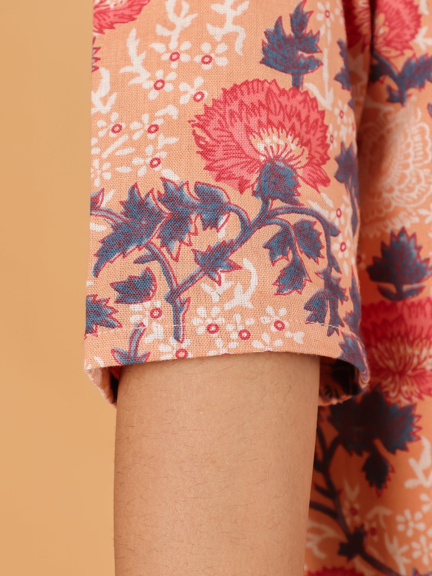 Linen Cotton Floral Straight Orange Kurta