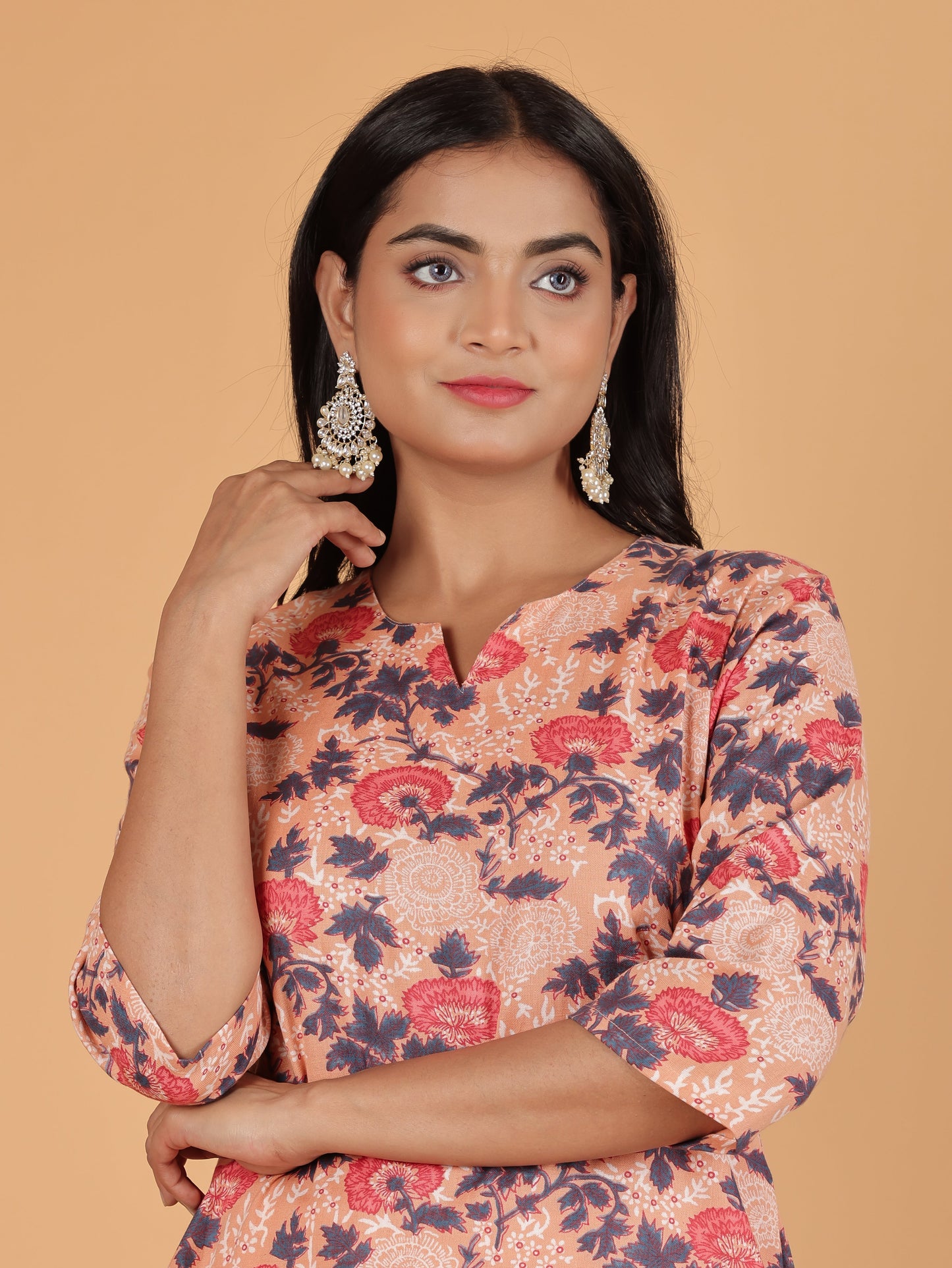 Linen Cotton Floral Straight Orange Kurta