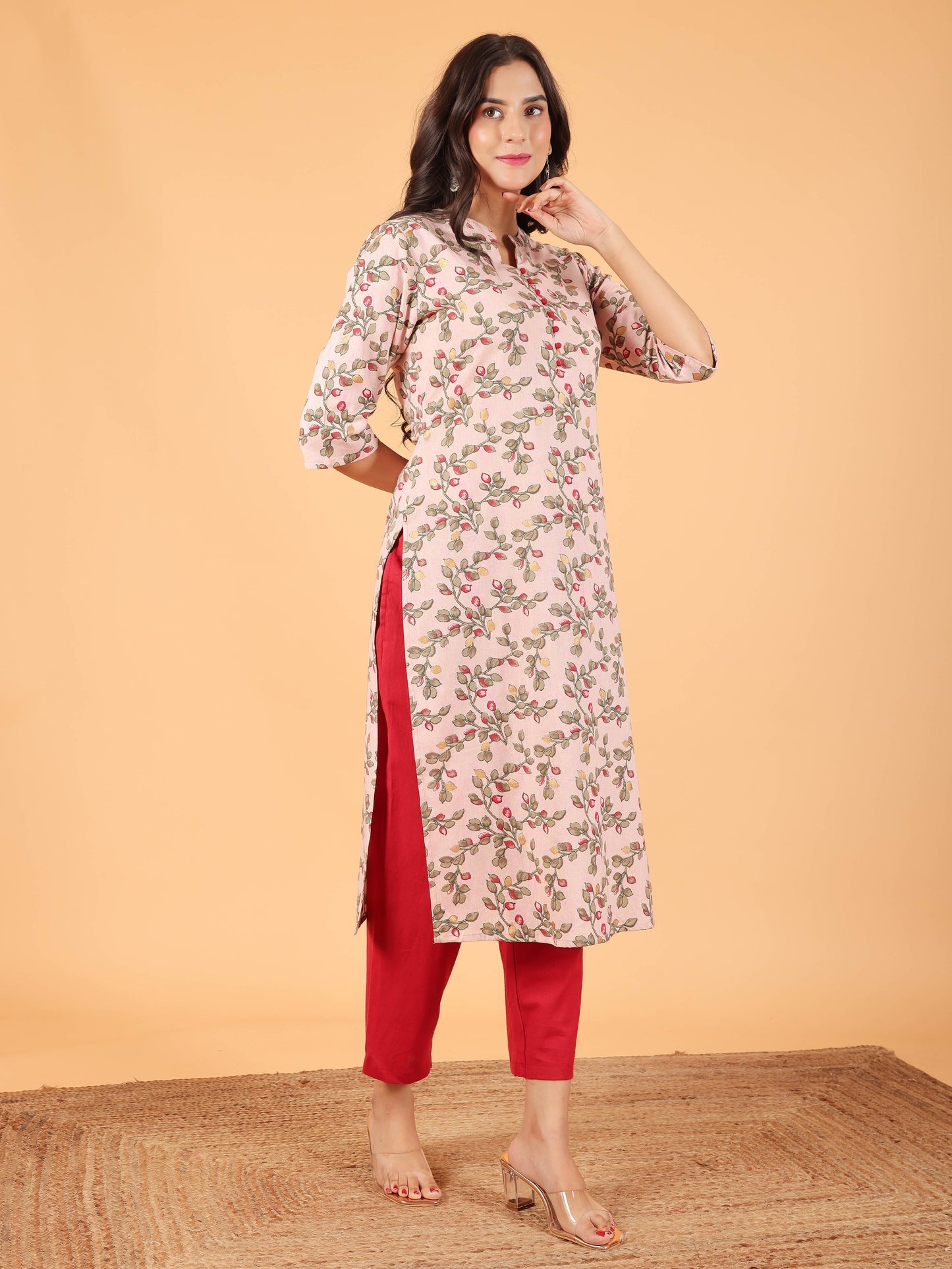 Linen Cotton Floral Straight Pink Kurta