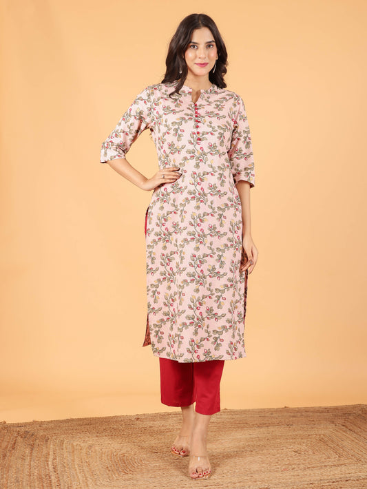 Linen Cotton Floral Straight Pink Kurta