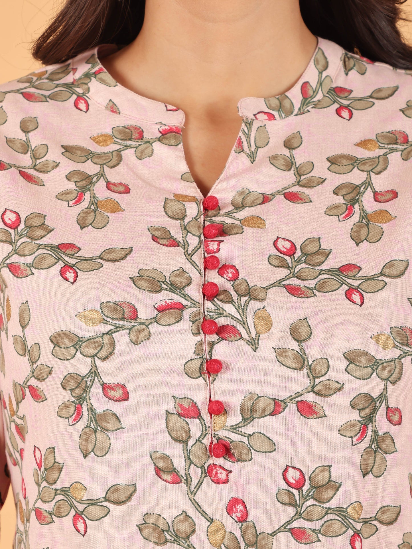 Linen Cotton Floral Straight Pink Kurta