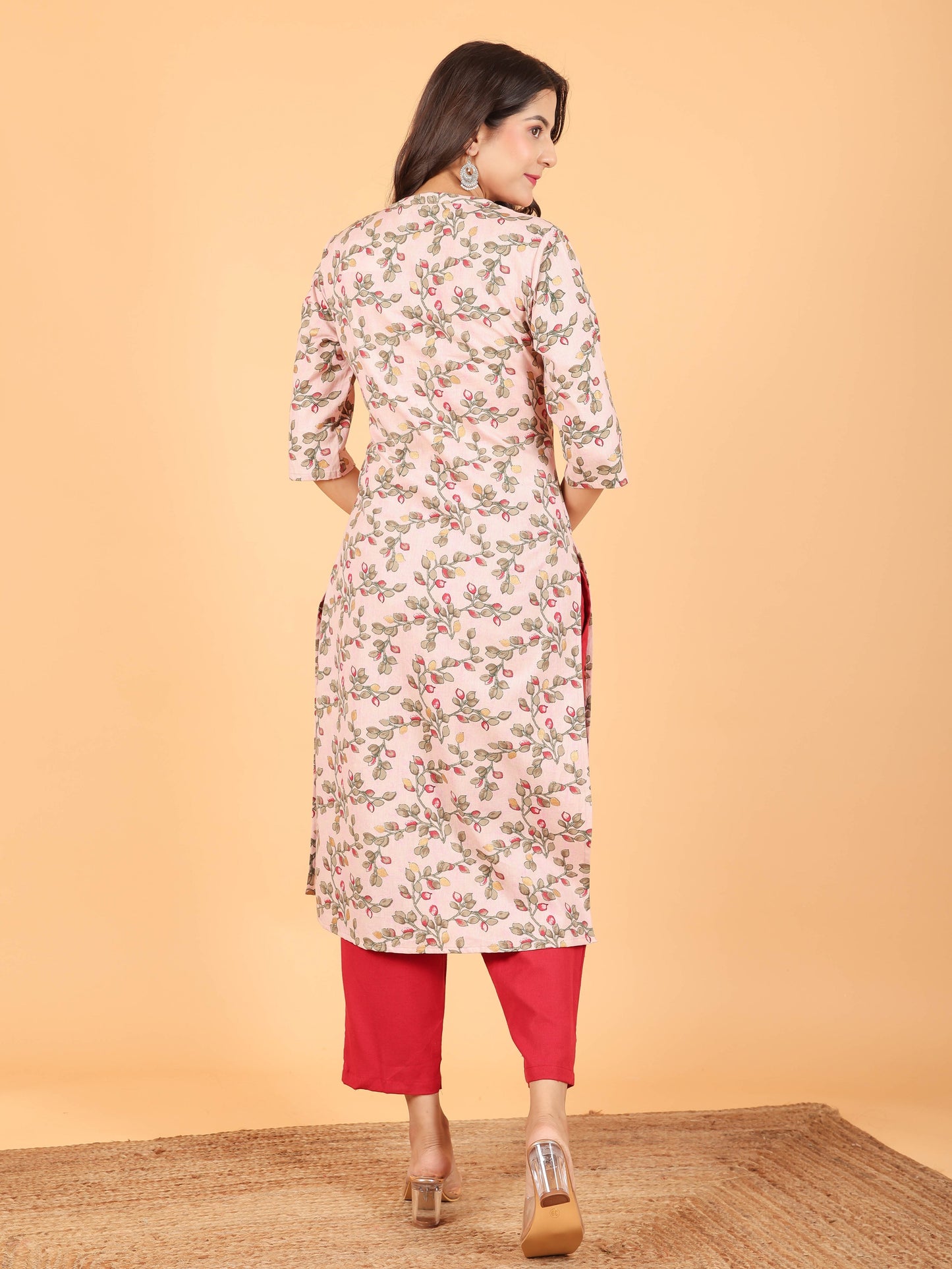 Linen Cotton Floral Straight Pink Kurta