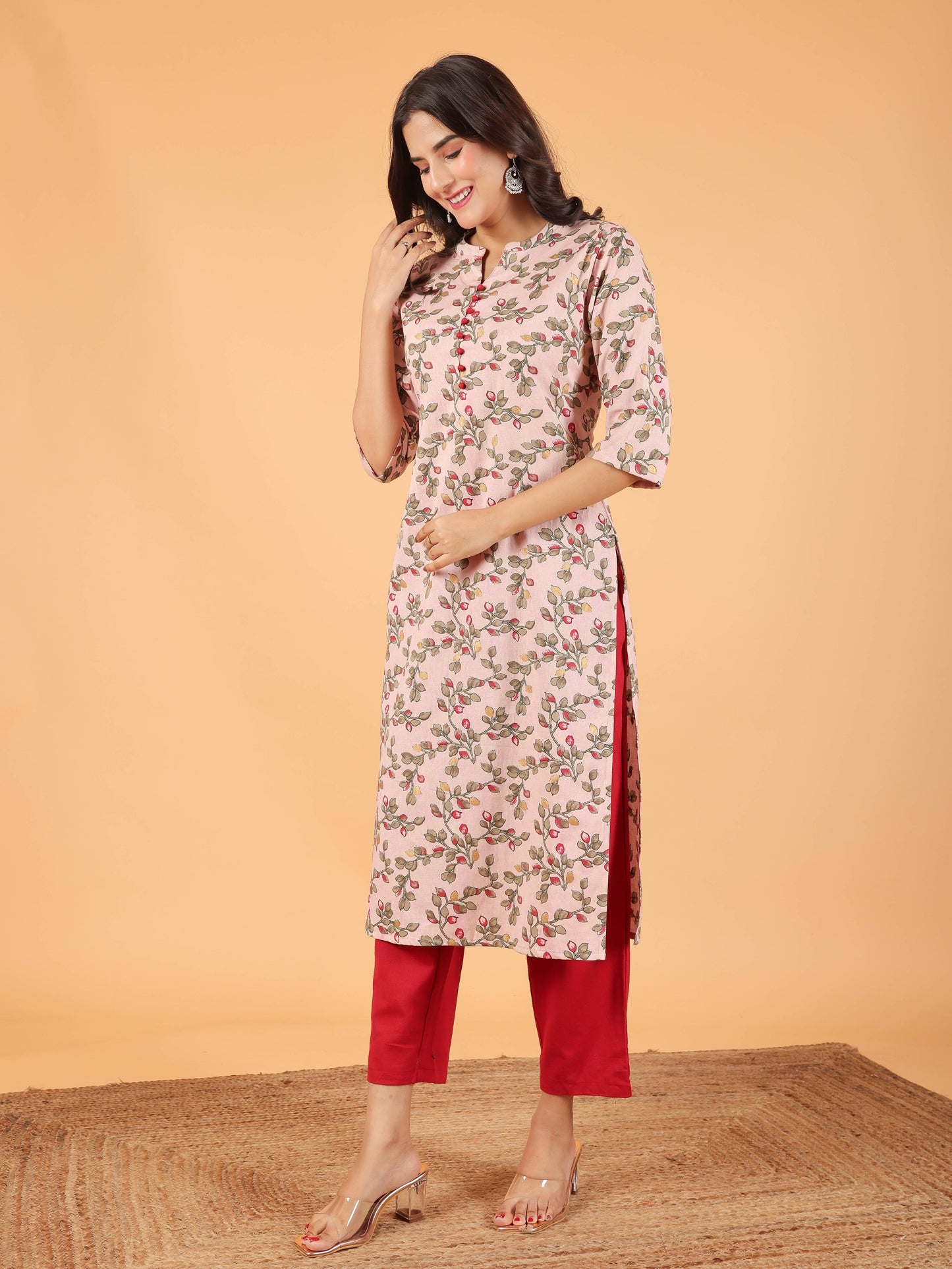 Linen Cotton Floral Straight Pink Kurta