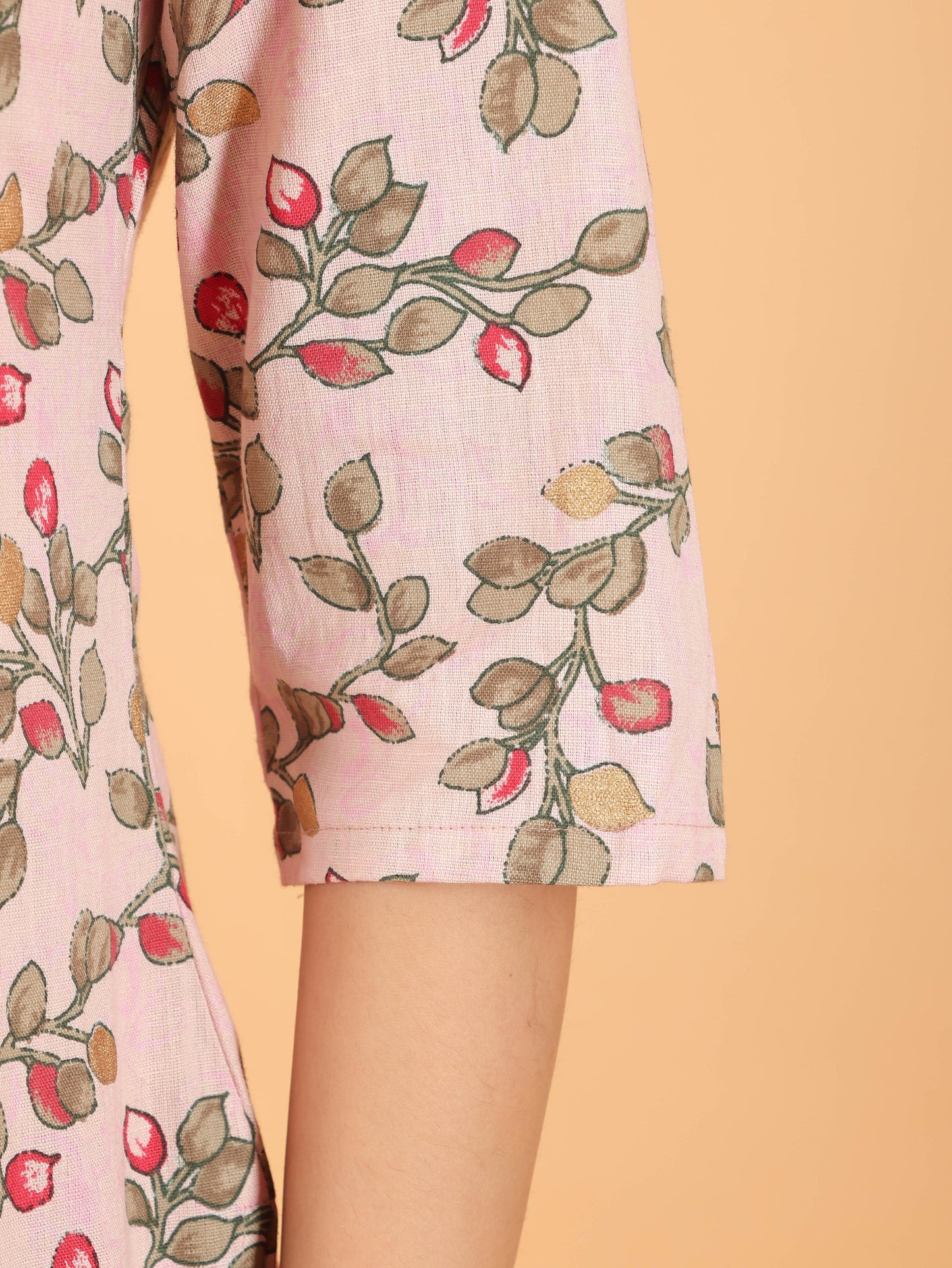Linen Cotton Floral Straight Pink Kurta