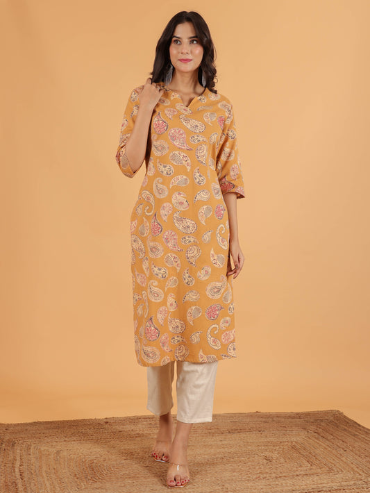 Linen Cotton Paisley Straight Yellow Kurta