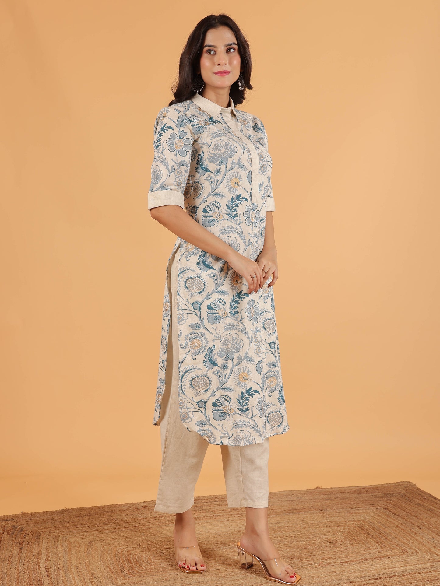 Linen Cotton Floral Pathani Cream Kurta