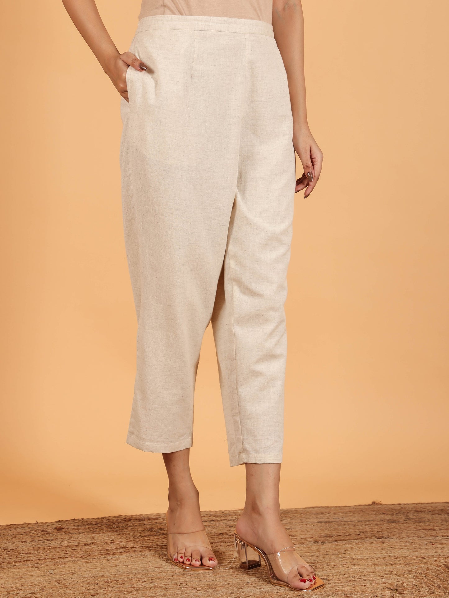 Linen Cotton Floral Pathani Cream Kurta