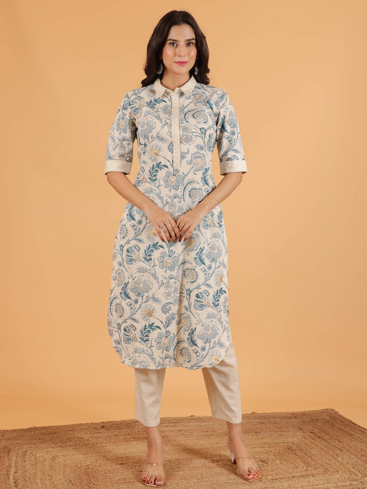 Linen Cotton Floral Pathani Cream Kurta