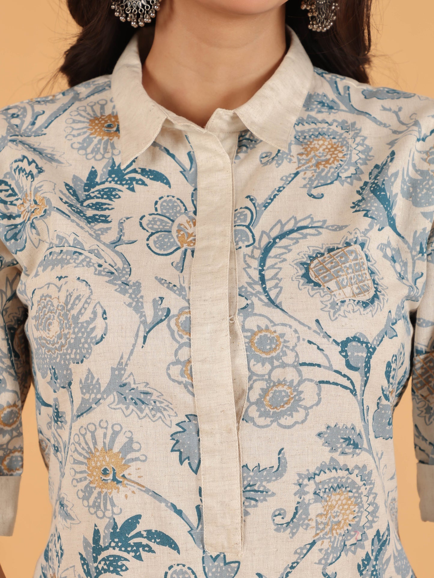 Linen Cotton Floral Pathani Cream Kurta