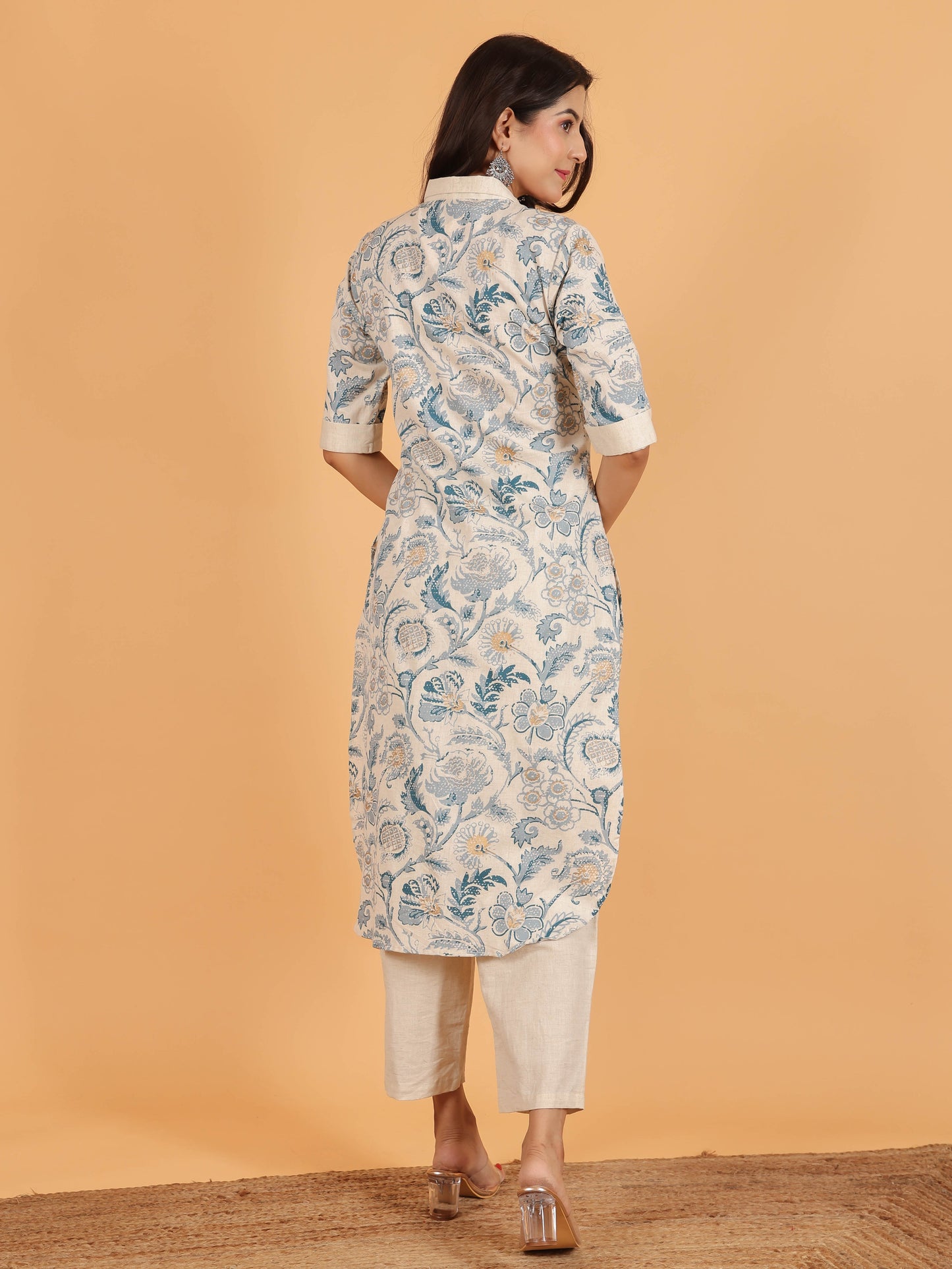 Linen Cotton Floral Pathani Cream Kurta