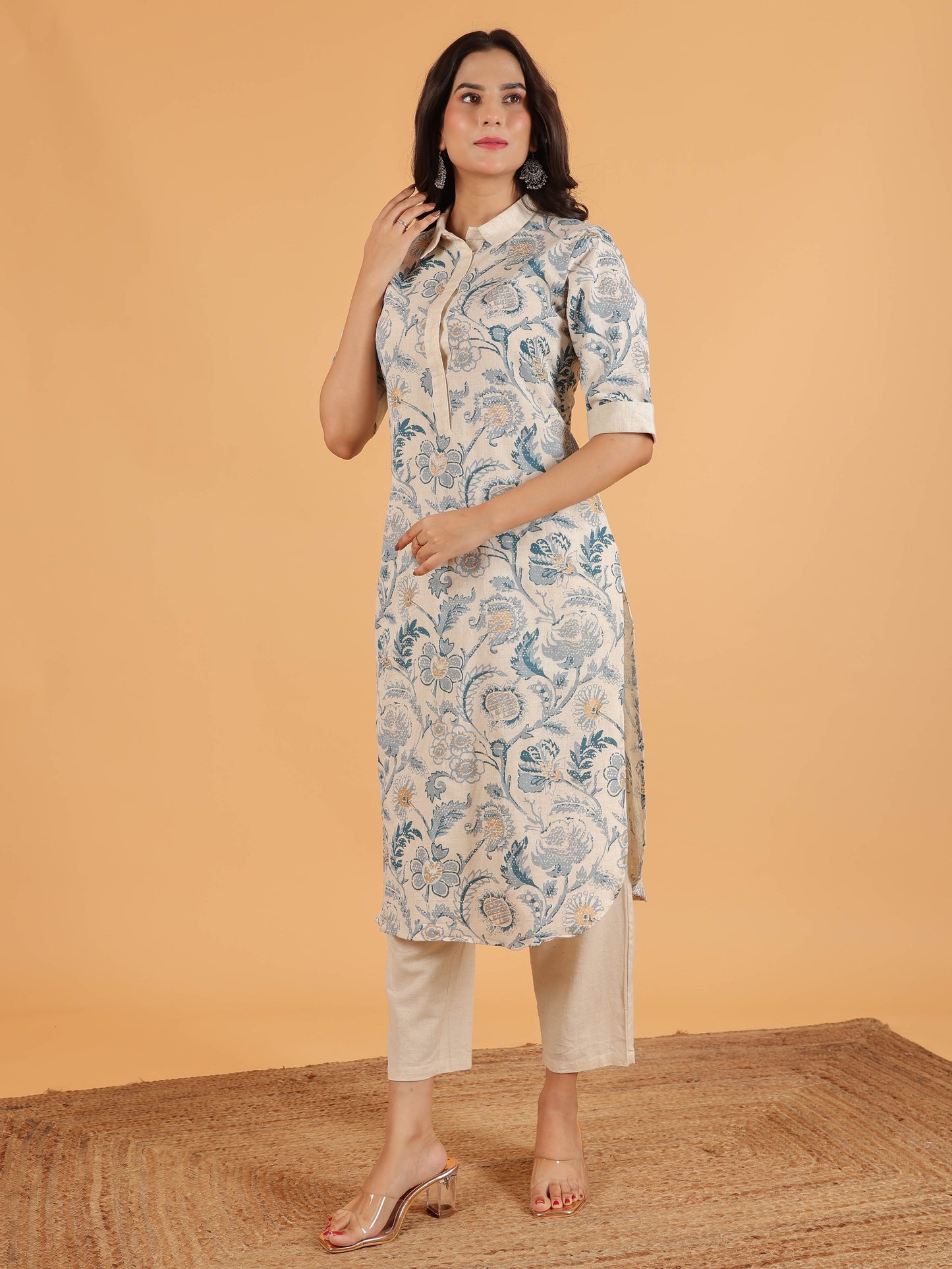 Linen Cotton Floral Pathani Cream Kurta
