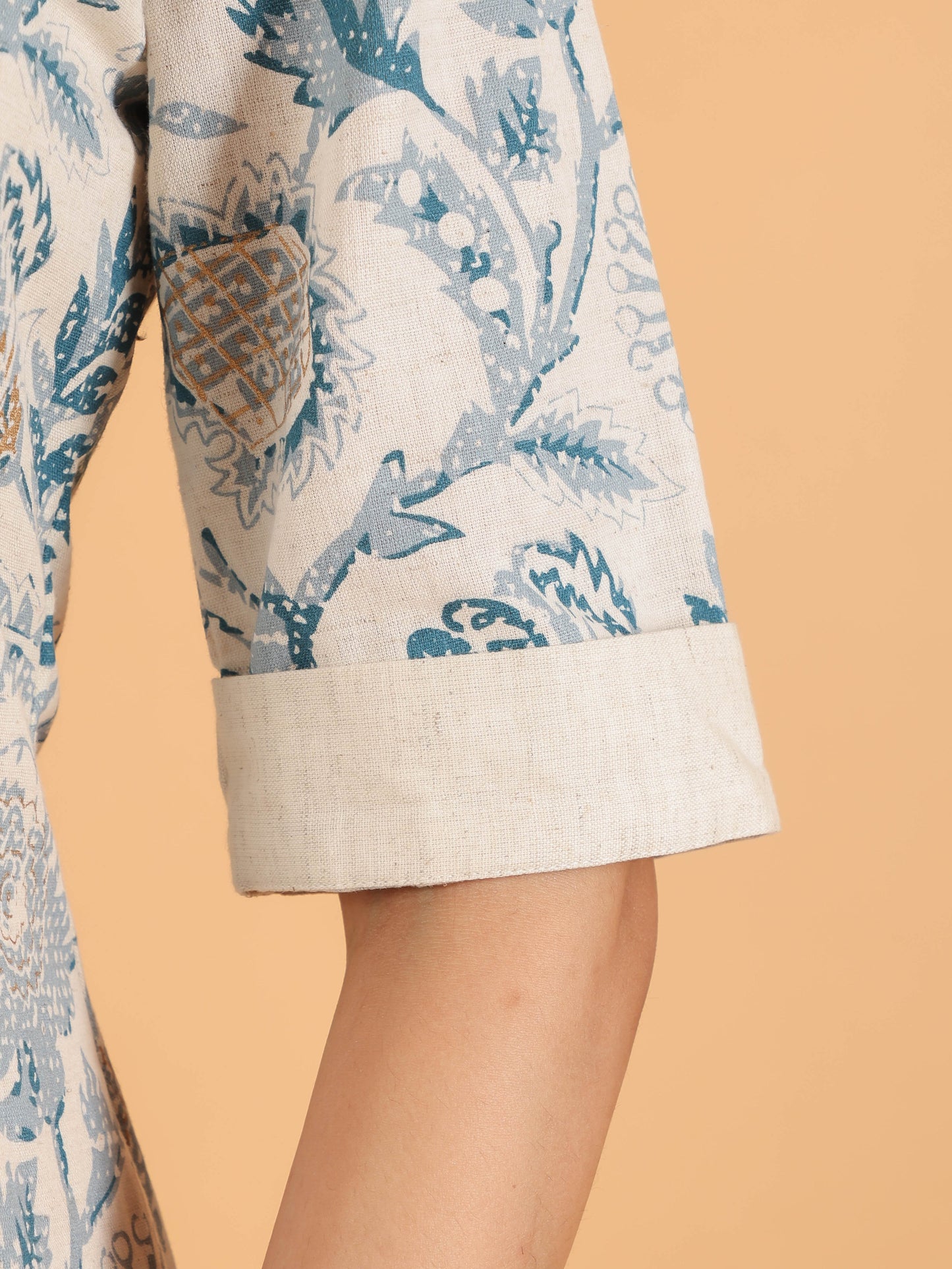 Linen Cotton Floral Pathani Cream Kurta