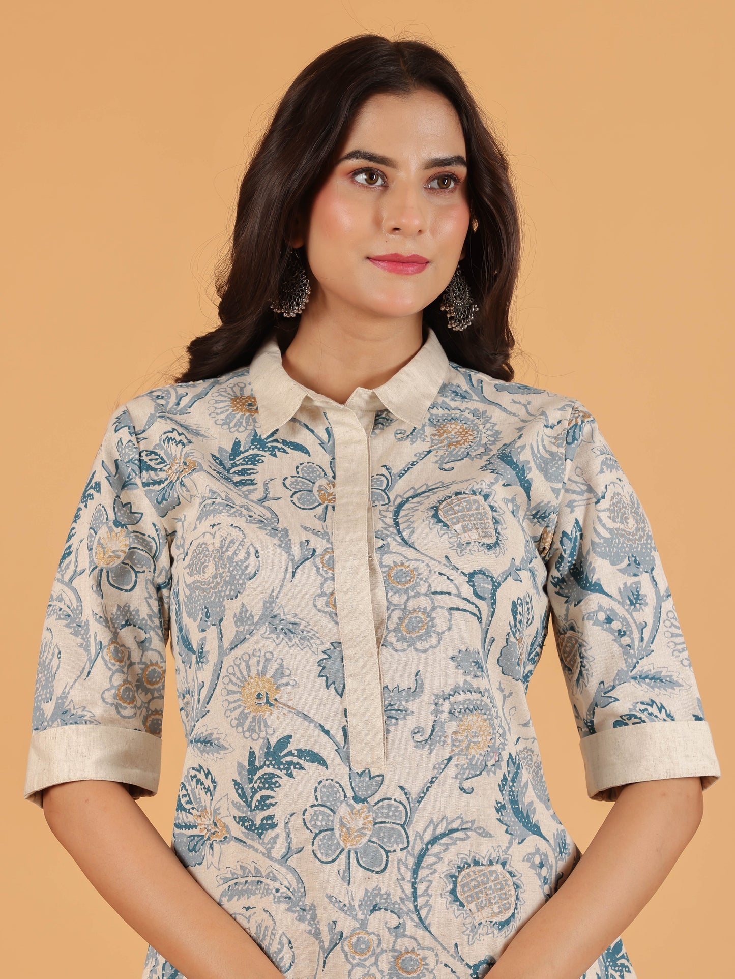 Linen Cotton Floral Pathani Cream Kurta