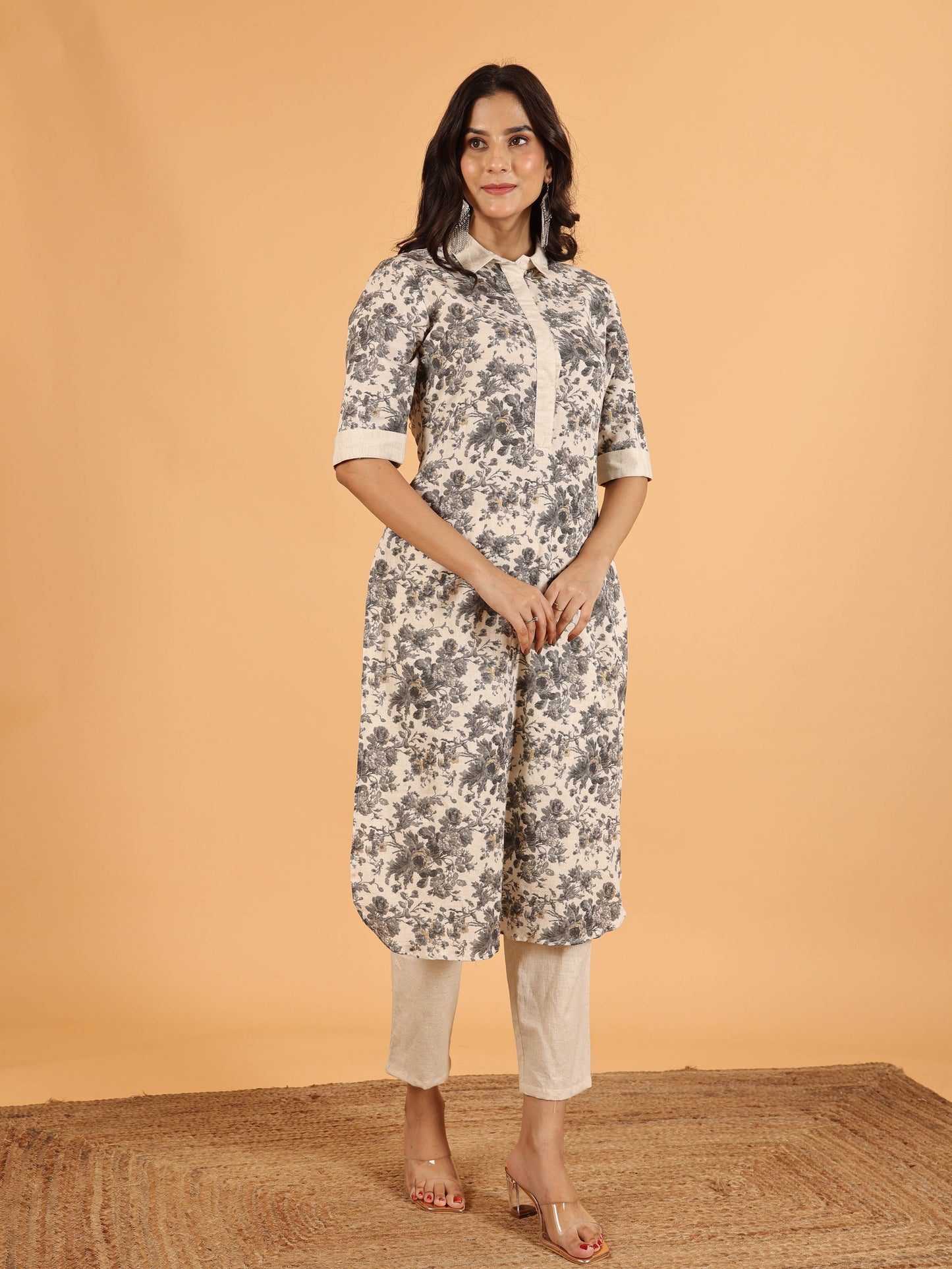 Linen Cotton Floral Pathani Cream Kurta