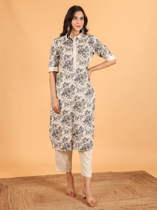 Linen Cotton Floral Pathani Cream Kurta