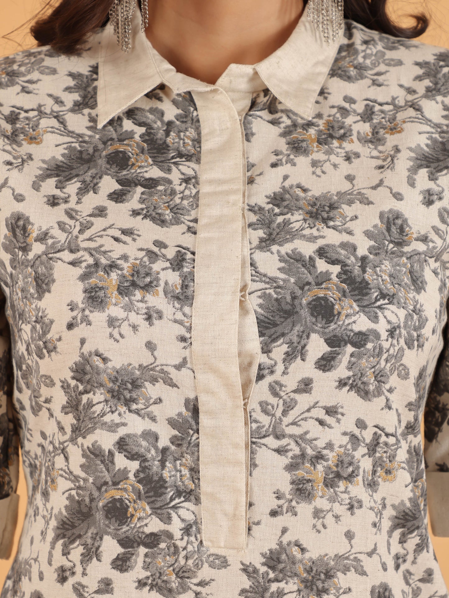 Linen Cotton Floral Pathani Cream Kurta