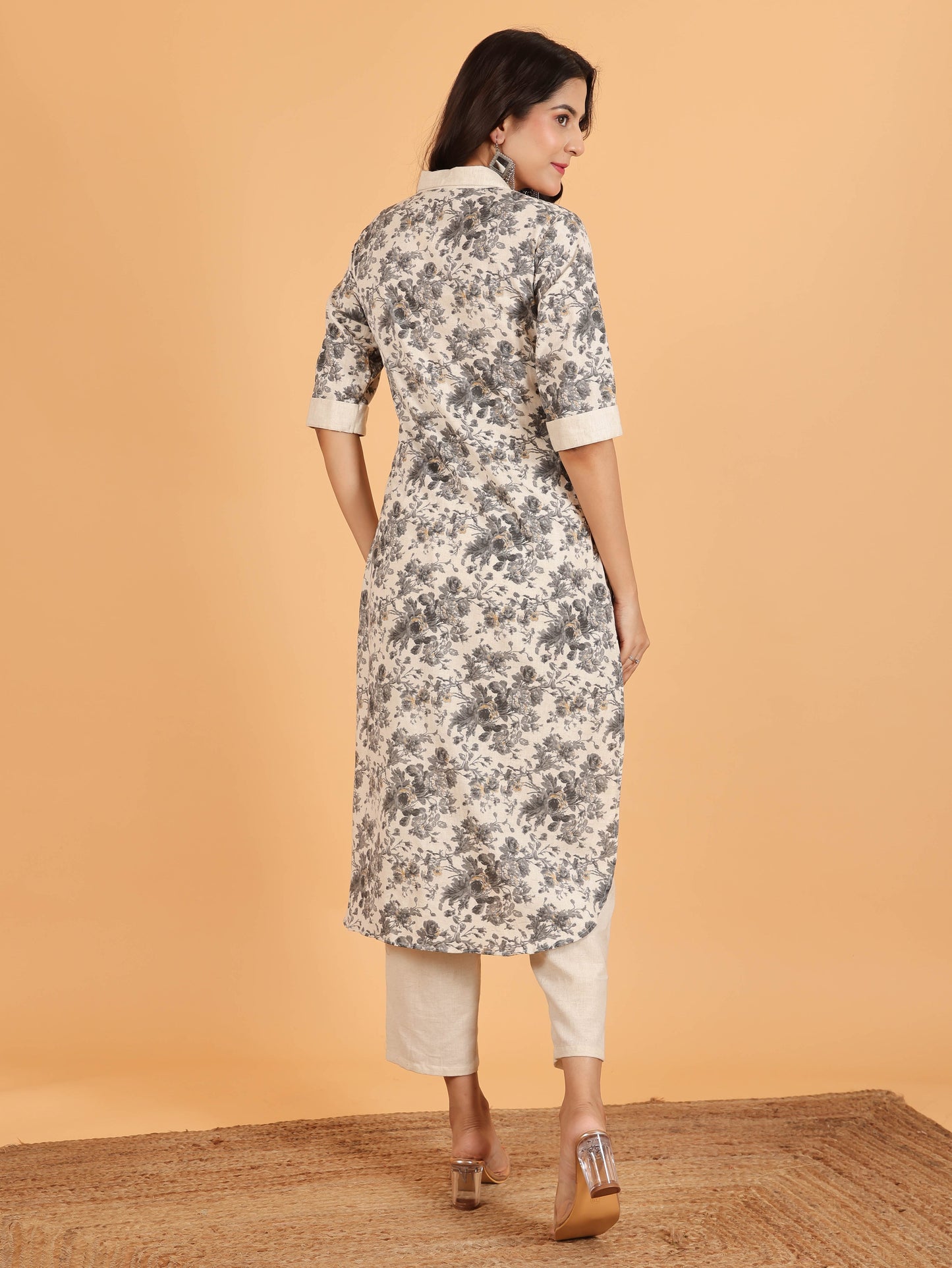 Linen Cotton Floral Pathani Cream Kurta