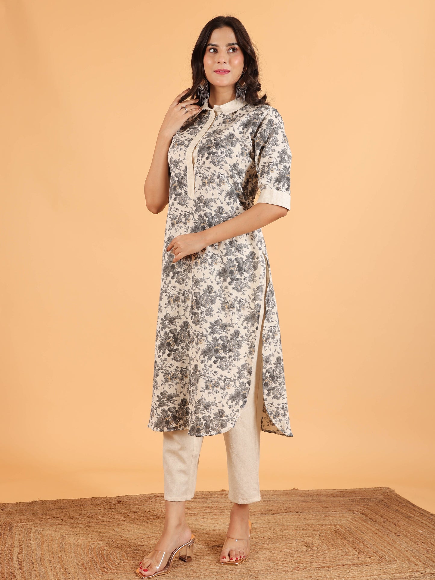 Linen Cotton Floral Pathani Cream Kurta