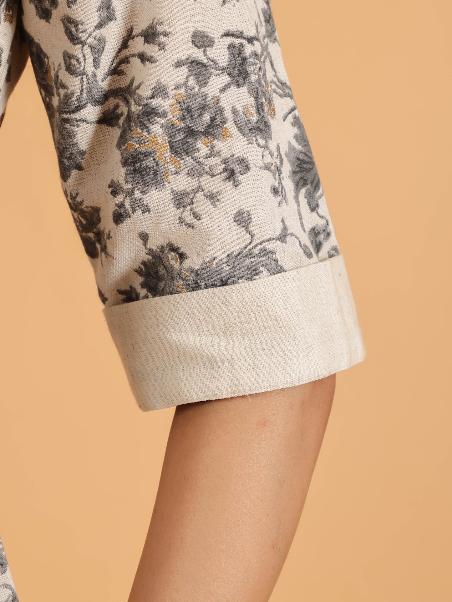 Linen Cotton Floral Pathani Cream Kurta