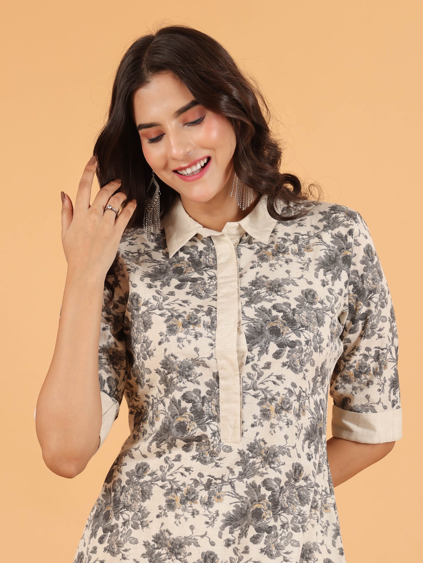 Linen Cotton Floral Pathani Cream Kurta