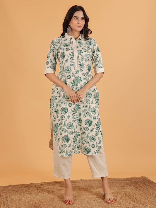 Linen Cotton Floral Pathani Cream Kurta