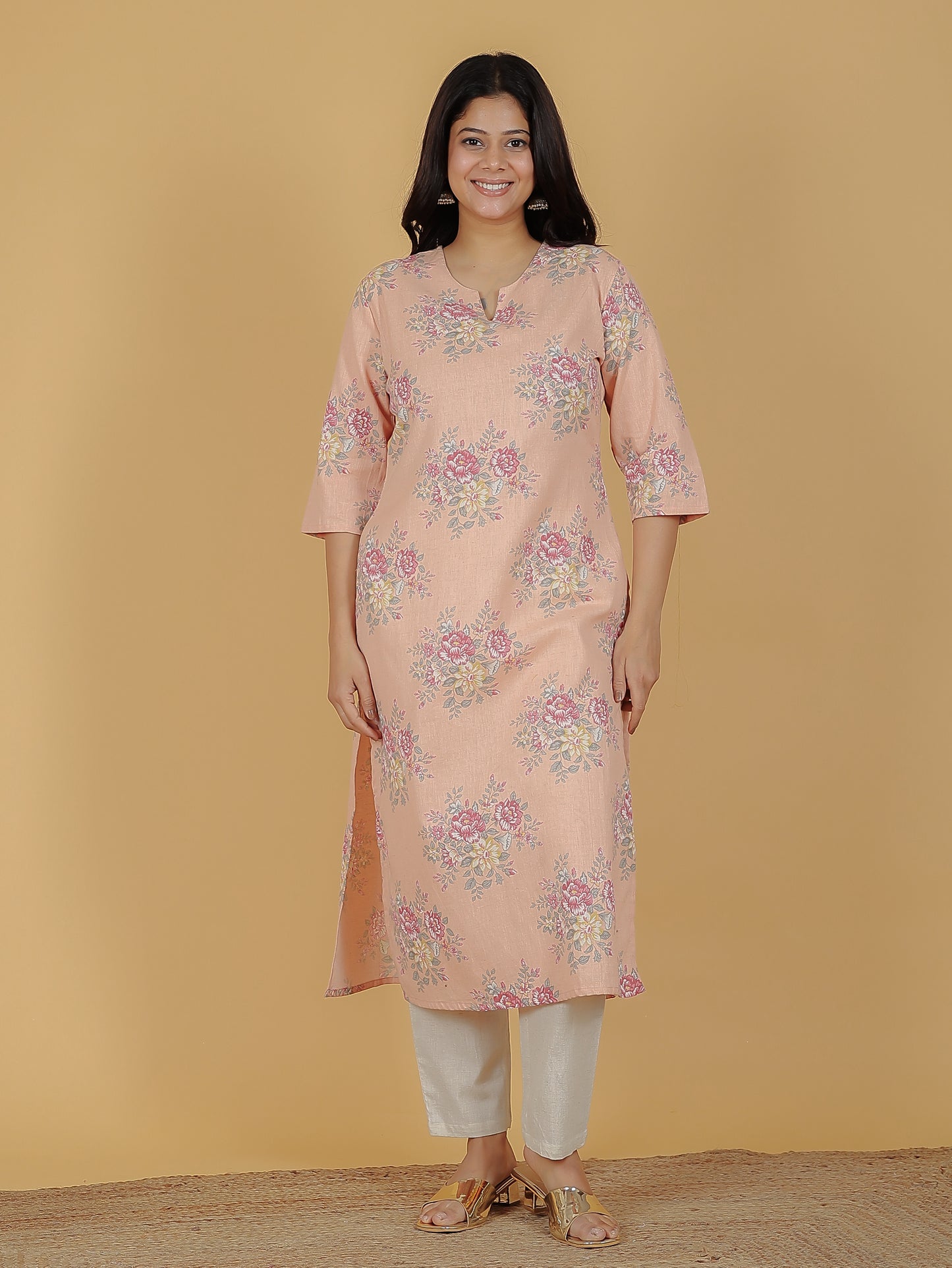 Linen Cotton Floral Straight Orange Kurta