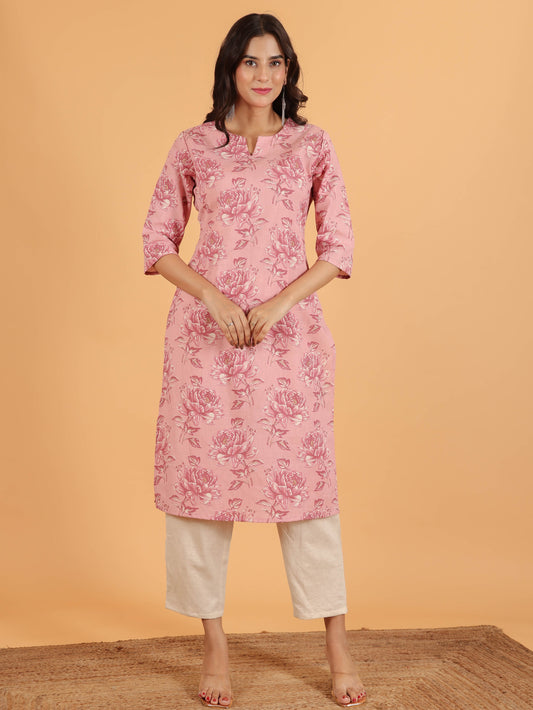 Linen Cotton Floral Straight Pink Kurta
