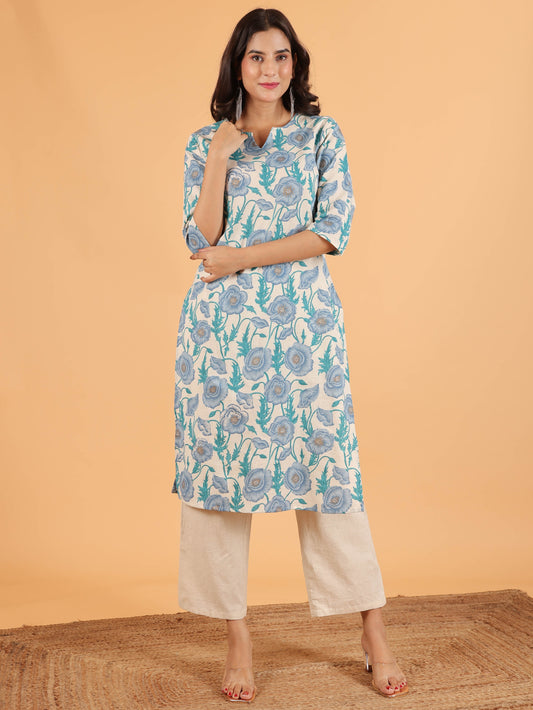 Linen Cotton Floral Kurta