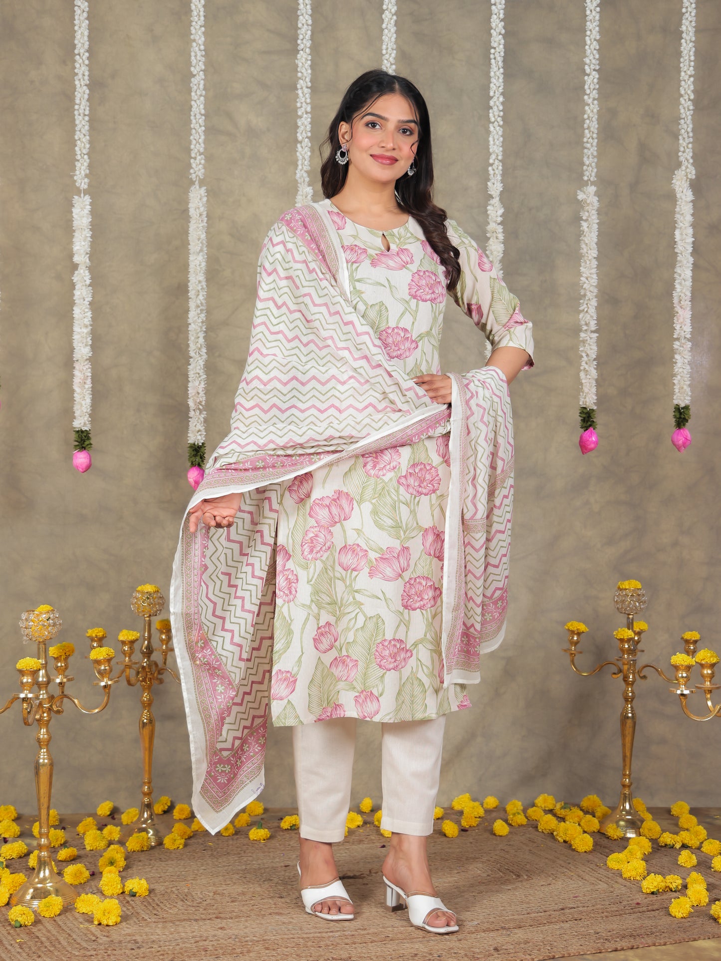 Linen Cotton Floral Straight Off White Kurta