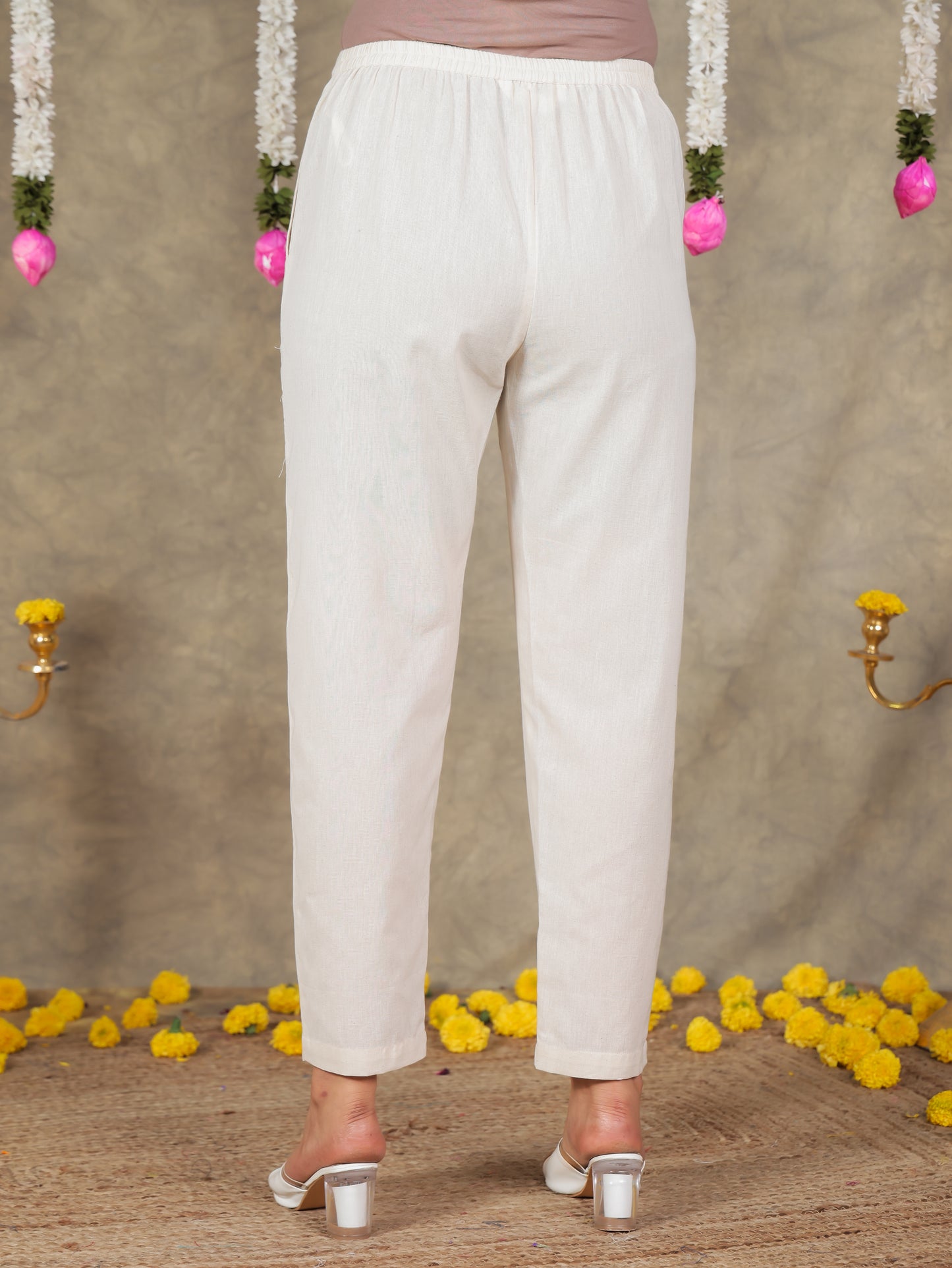 Linen Cotton Floral Straight Off White Kurta