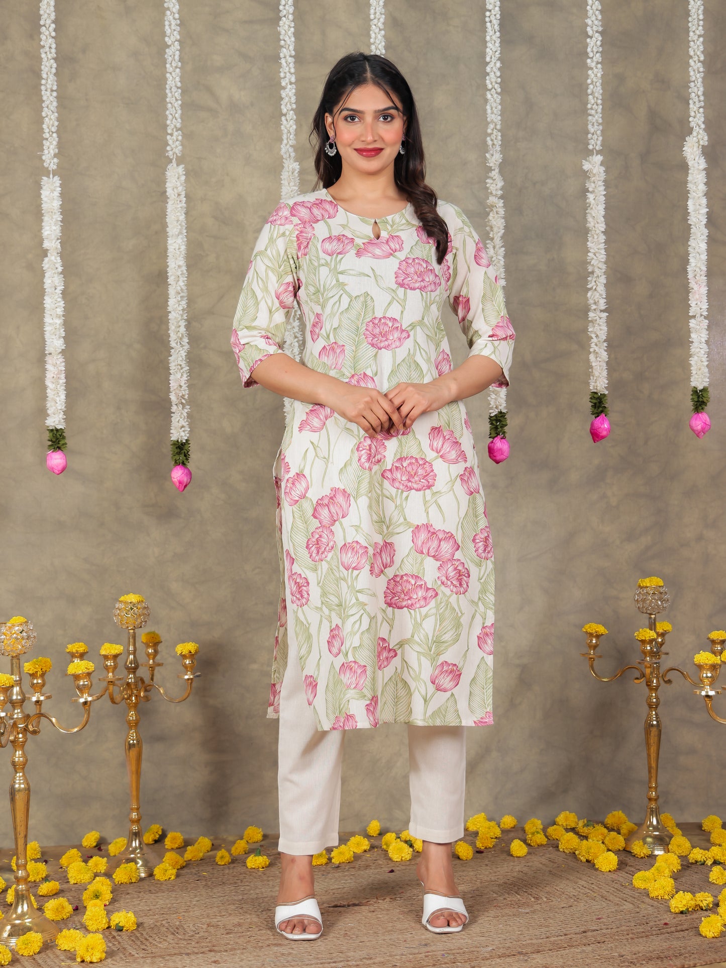 Linen Cotton Floral Straight Off White Kurta