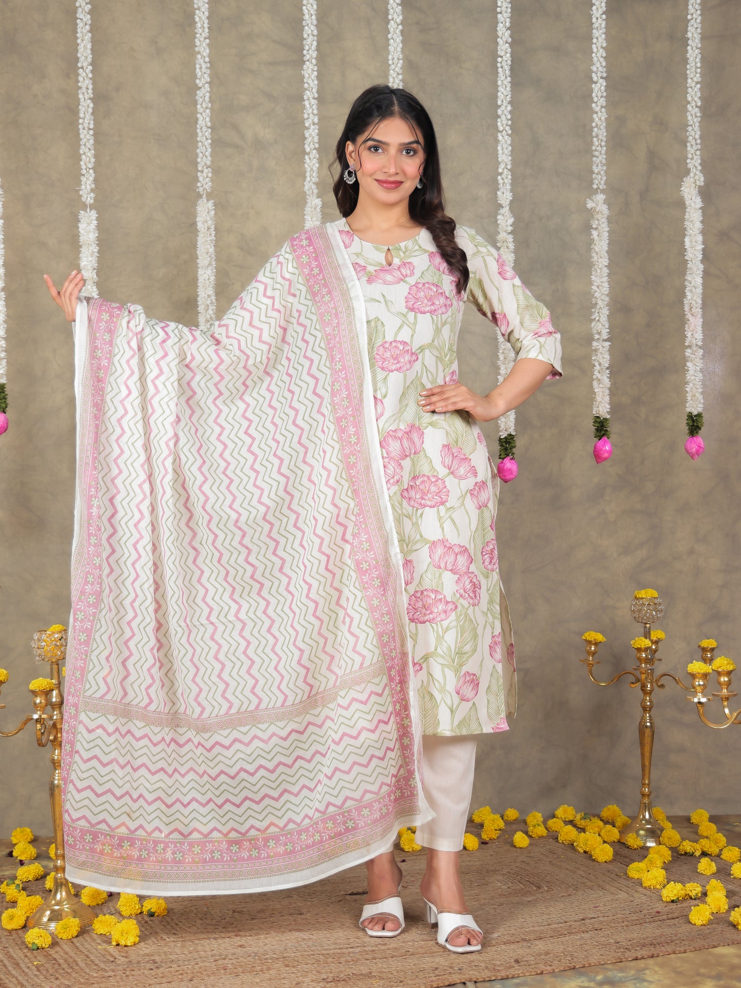 Linen Cotton Floral Straight Off White Kurta