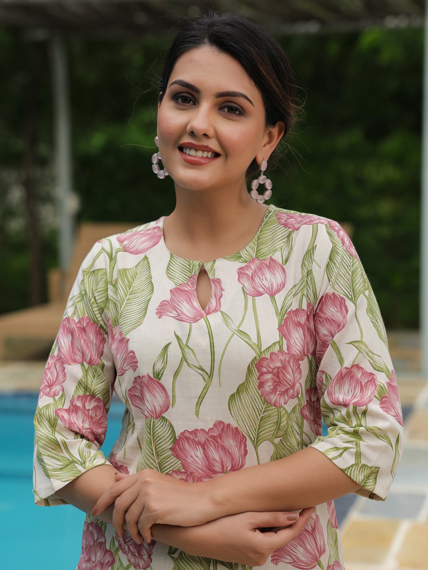 Linen Cotton Floral Straight Off White Kurta